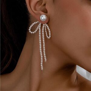 Pearl Bow Drop Earrings | Elegant Long Statement Earrings | Gold Tone